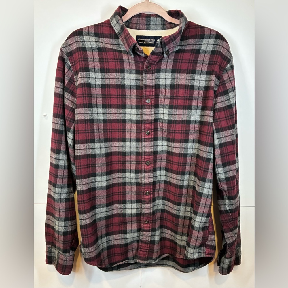Abercrombie & Fitch Men’s Soft Flannel Shirt XL Burgandy Gray Plaid Button Up